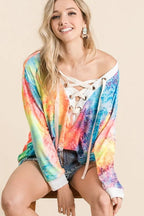 BiBi Tie Dye Womens Top Deep V-neck Blouse With Lace Up Front 1566c7f522d6465e88cdf4422a3c80de-Max-Origin Trendsi