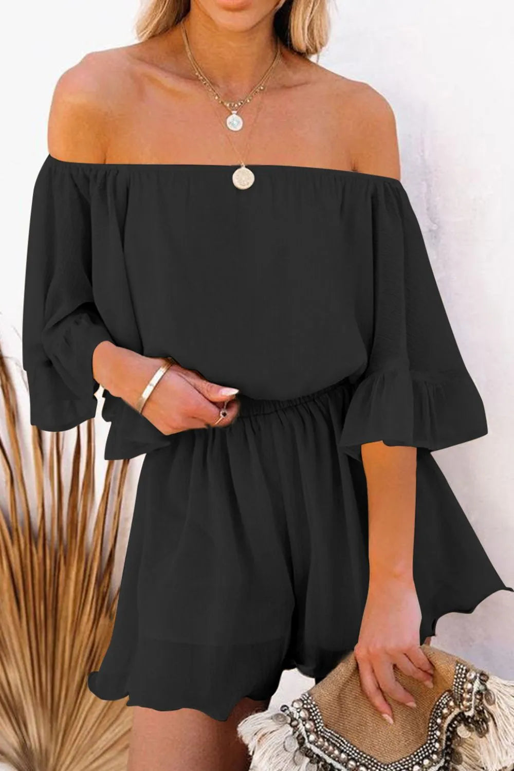 Women's Romper Black Off-Shoulder Ruffled with Elastic Waist 156b24b4-fda4-4ac5-a89c-c40fd66c16ca-Max-Origin Trendsi