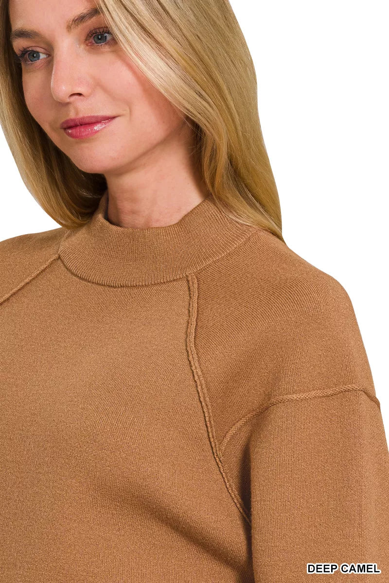 Zenana Womens Sweater Deep Camel Viscose Mock Neck Exposed Seam 15707db3-e6aa-4f99-b3a0-970925b5fc59-Max-Origin Trendsi