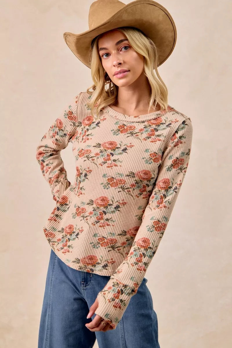 BiBi Womens Blouse Taupe Floral Print Washed Waffle Thermal Top with Thumbs 15787f915a244b98b3a95477b36a7062-Max-Origin Trendsi