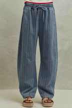SO ME Stripe Denim Barrel Jeans Drawstring Waistband