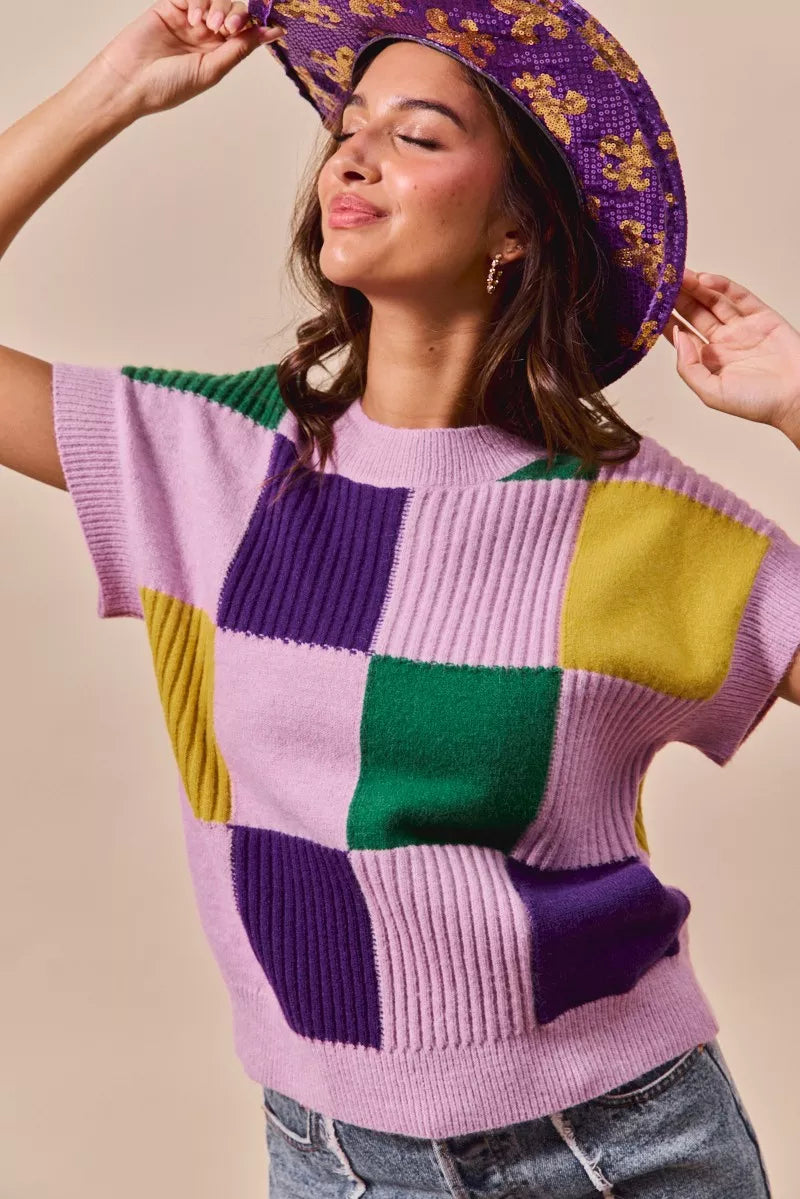 SO ME Casual Sweater Top Women Mardi Gras Check Plaid Short Sleeve Top 1592627becb44e0d878e99e6249c3d81-Max-Origin Trendsi