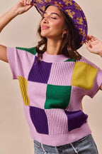 SO ME Casual Sweater Top Women Mardi Gras Check Plaid Short Sleeve Top 1592627becb44e0d878e99e6249c3d81-Max-Origin Trendsi
