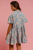 BiBi Shirt Dress Ruffle Light Denim Floral Print Washed Lightweight Tiered 1593643eca6b4e19b47fc9266193a370-Max-Origin Trendsi
