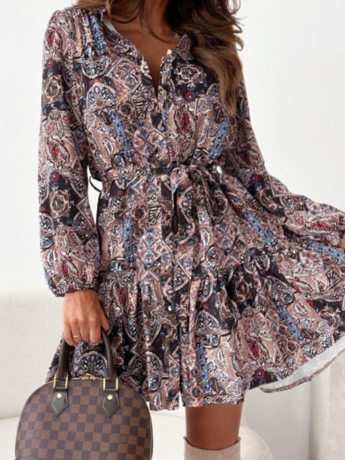 Floral Dress Ruffle Hem Long Sleeve Shirt Dress Belted