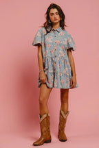 BiBi Shirt Dress Ruffle Light Denim Floral Print Washed Lightweight Tiered 15952994c691425ba8f9d7f3eb2e000b-Max-Origin Trendsi