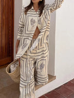 Women's Casual Fashion Outfit Set Cactus Print Long Sleeve Shirt Wide Leg Pants