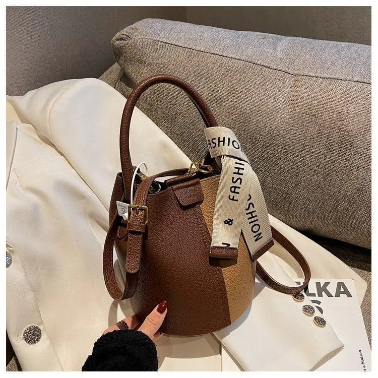 Women's Bucket Bag Small Coffee Brown PU Leather Two-Tone Casual Crossbody