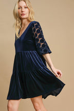 Umgee Velvet Mini Dress Navy Dotted Flower Lace Long Sleeve Tiered 15a0356d-13dd-417d-9960-eb406300eb73-Max Trendsi