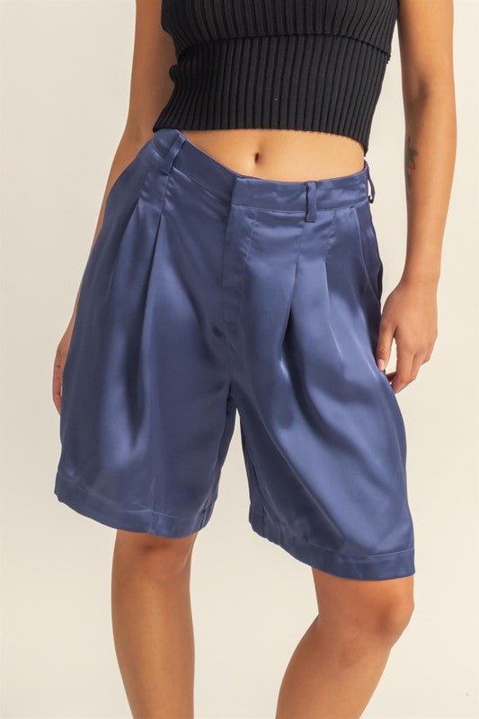 HYFVE Satin Shorts High-Waist Pleated Dusty Blue Ruched with Pockets 15a73053-180f-4d38-b049-cfca88d93068-Max Trendsi