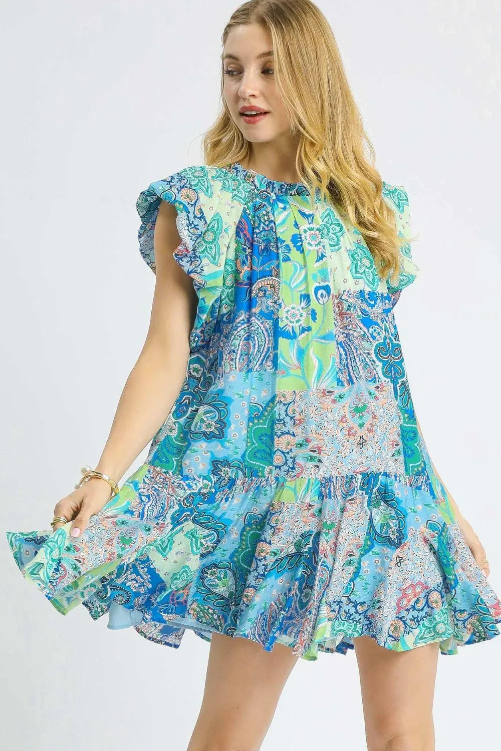 Umgee Mini Dress Paisley Printed Ruffle Cap Short Sleeve 15aeb274-0c33-47aa-a815-2a1847203bca-Max-Origin Trendsi