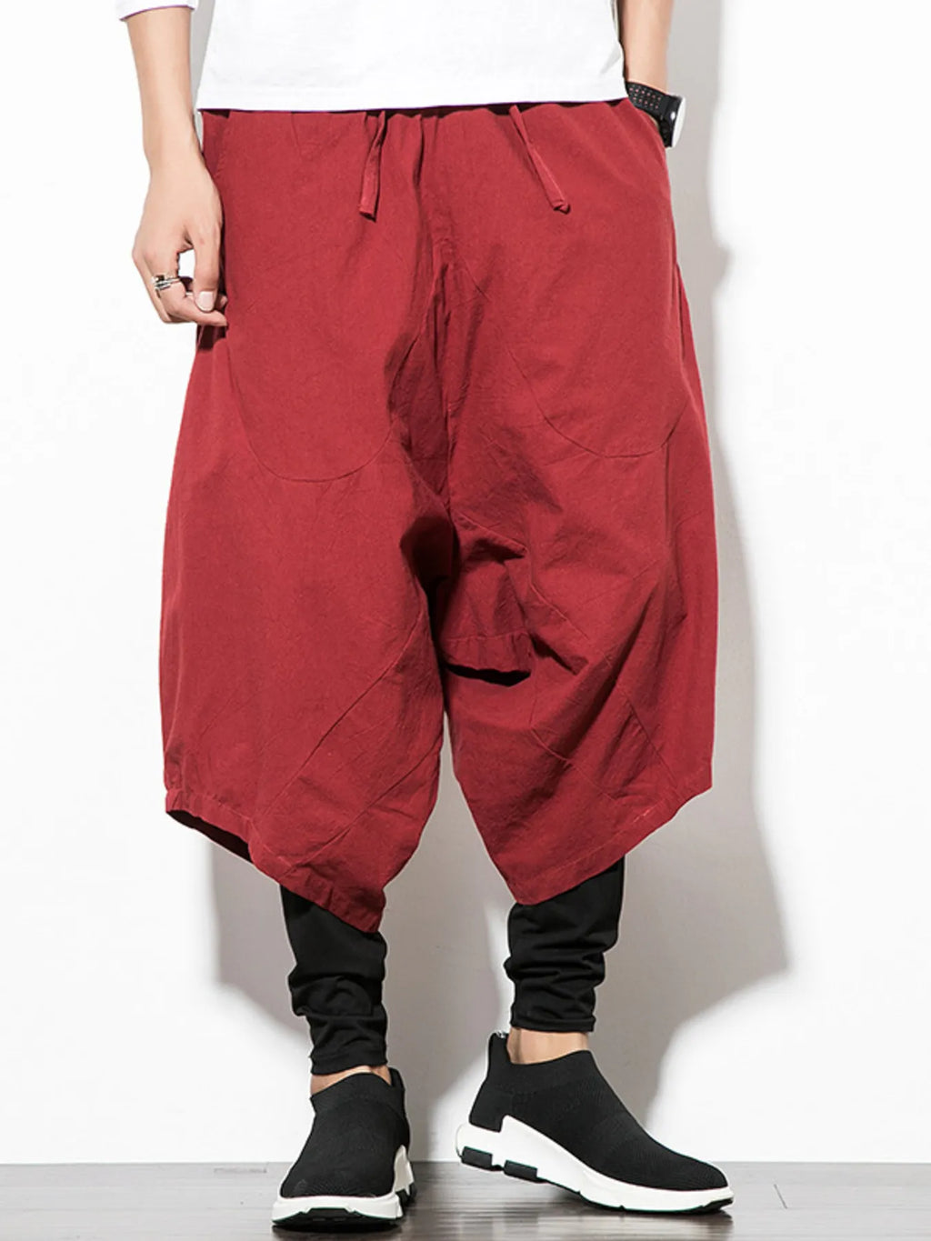 Men's Wide Leg Pants Drop Crotch with Drawstring Wasit Casual Oversized Burgundy 15b484c56259409e827b26ccd8495401-Max-Origin Trendsi