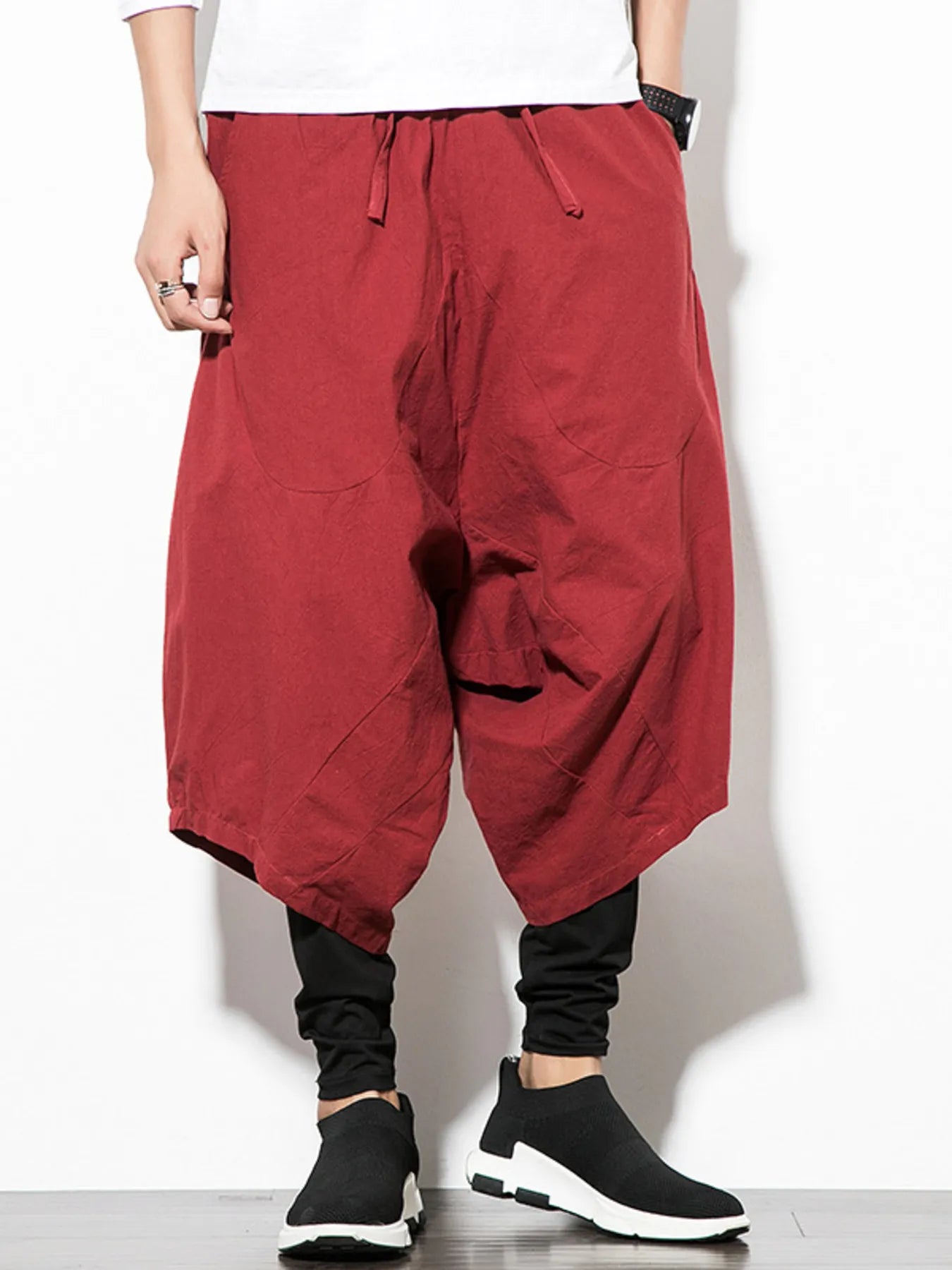 Men's Wide Leg Pants Drop Crotch with Drawstring Wasit Casual Oversized Burgundy 15b484c56259409e827b26ccd8495401-Max-Origin Trendsi