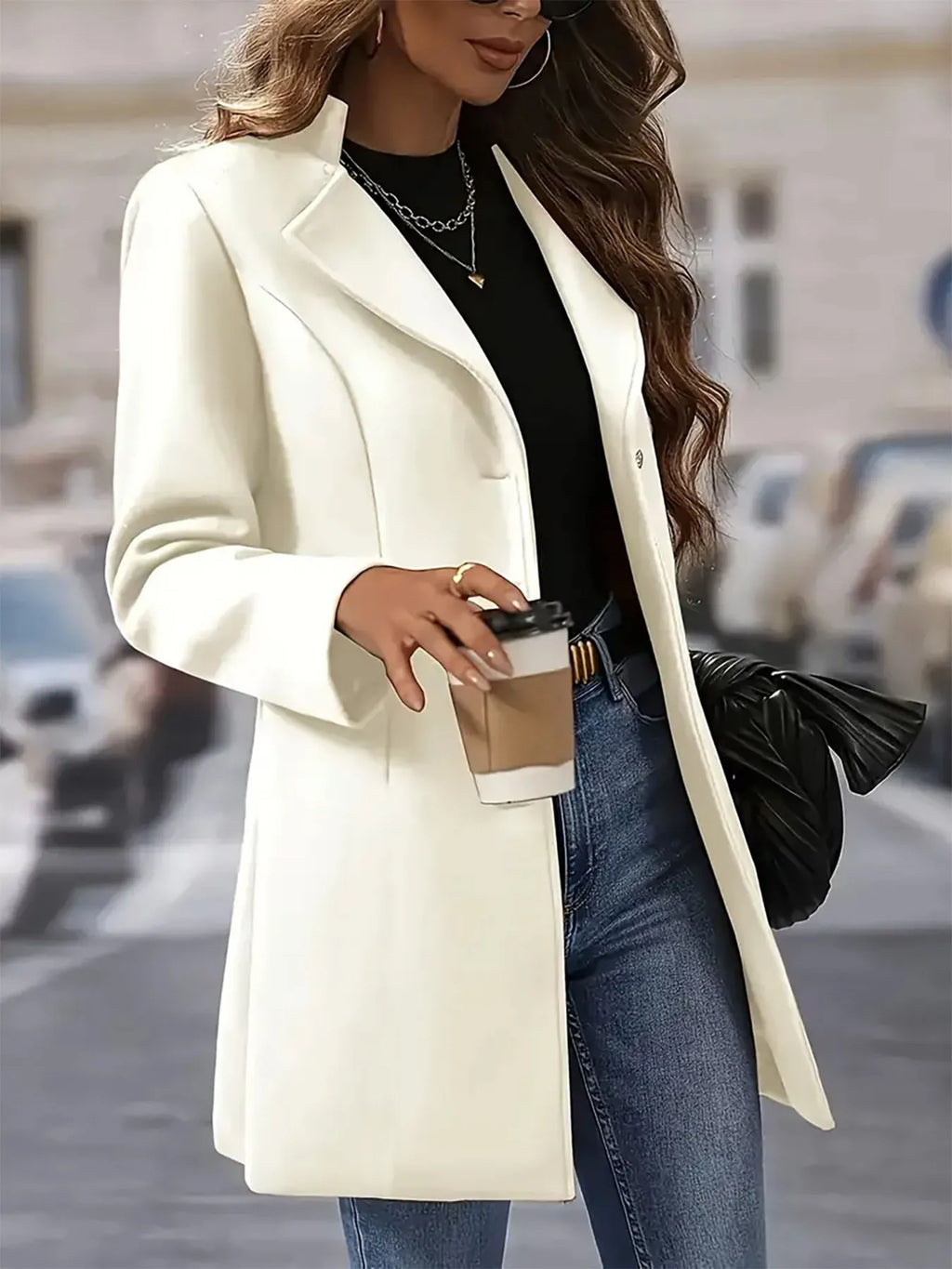 Women's Longline Blazer Coat Cream Single-Breasted Buttoned Outwear 15bcc942012840449084e7963cc57ddf-Max-Origin Trendsi