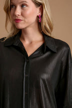 Umgee USA Black Metallic Shirt Women Side Slit Button Up Long Sleeve 15c08012-5b20-4726-8599-ed9c86f8e075-Max Trendsi