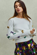 SO ME Sweater Knit Top Mardi Gras Glitter Bow Ribbon Ivory 15c46f2200da4adf8f84e06304909276-Max-Origin Trendsi