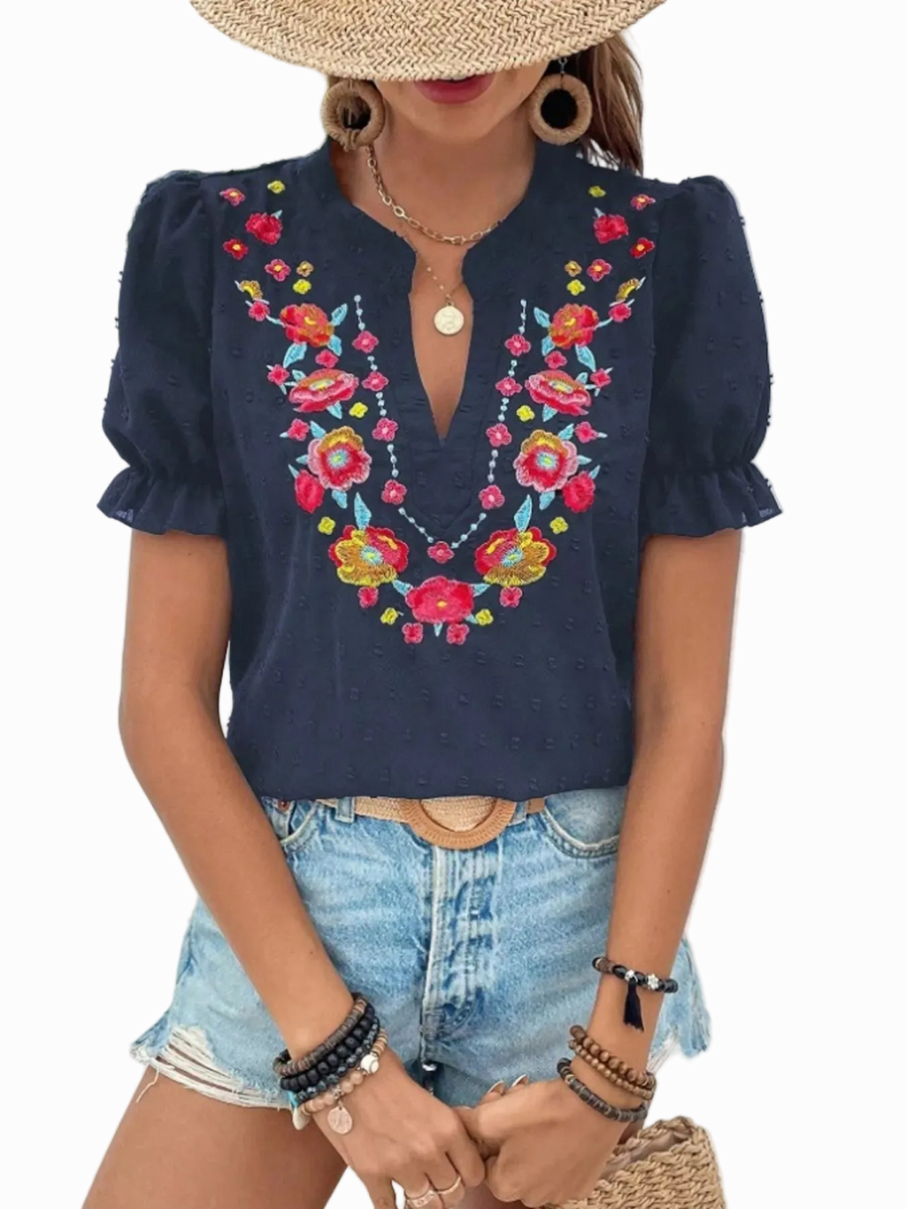 Floral Embroidered Puff Sleeve Blouse