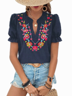 Floral Embroidered Puff Sleeve Blouse