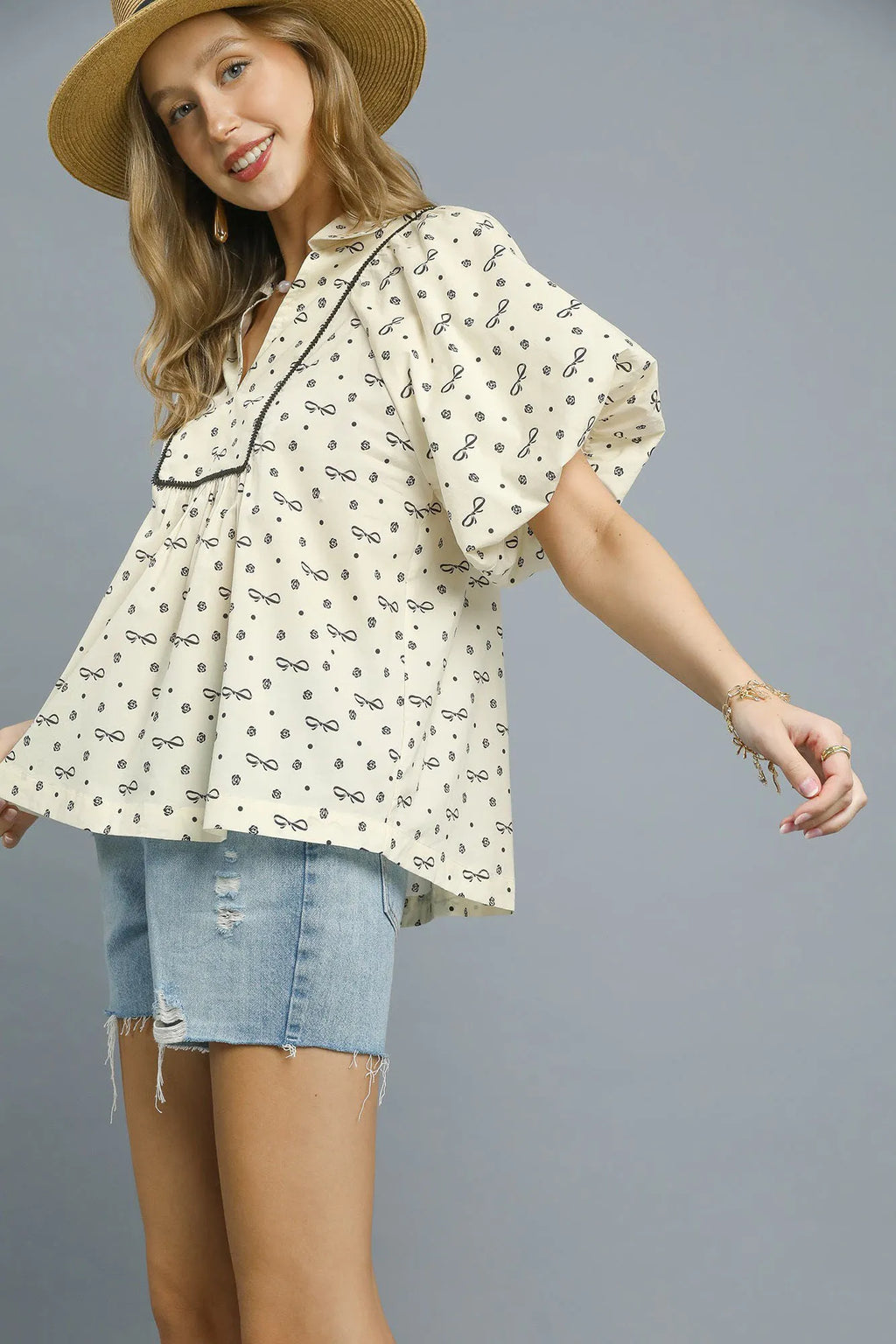 Umgee Blouse Bow Print Collared Cotton Cream Puff Short Sleeve Top 15dacfc0-89a0-491e-98e0-c7466e7edbab-Max-Origin Trendsi