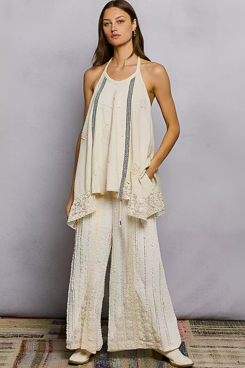 POL Blouse Beige Lace Ruffle Halter Neck Double Gauze Top with Crochet Patch 15e10bad-8ebc-469f-8ed9-5e8552561f12-Max-Origin Trendsi