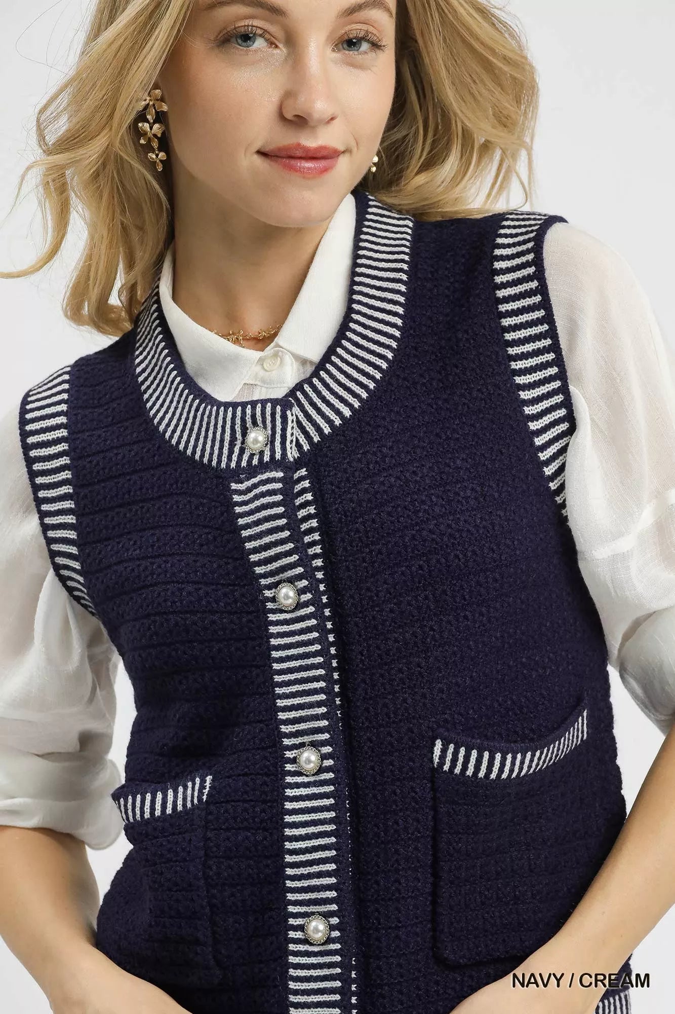 Umgee Womens Sweater Vest Navy Cream Contrast Striped Trim Knit Top 15ed1513-dc54-4cf3-8b49-d68d55e8f281-Max-Origin Trendsi