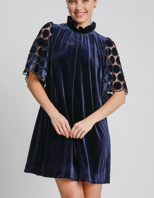 Umgee Velvet Mini Dress Navy Dotted Lace Half Sleeve Mock Neck Back Tie