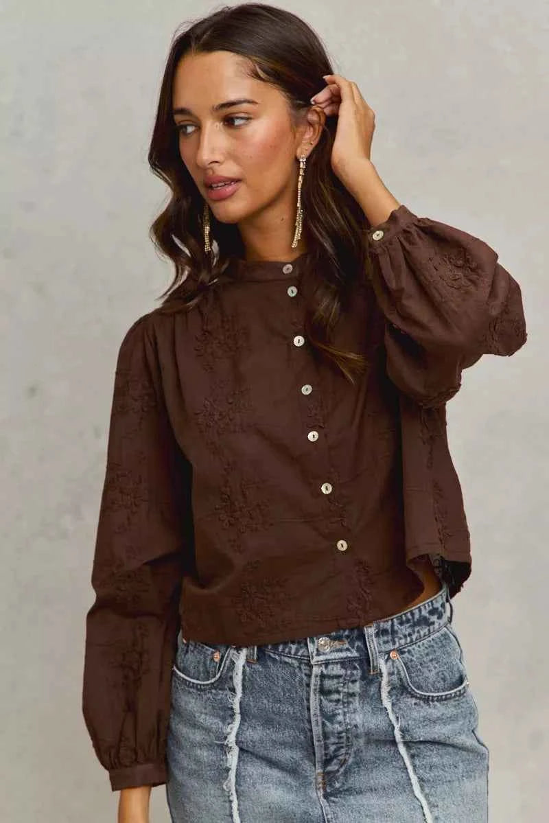 SO ME Women Shirt 3d Floral Brown Woven Cotton Long Sleeve Front Button Top 15f976b7c98f4bed895efbdab43cd24f-Max-Origin Trendsi