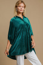 Umgee Women Shirt Polka Dot Teal Green Collared Neck Button Up Long Sleeve 15fc9c4d-9af6-4e24-84d7-ffc853cb4874-Max Trendsi