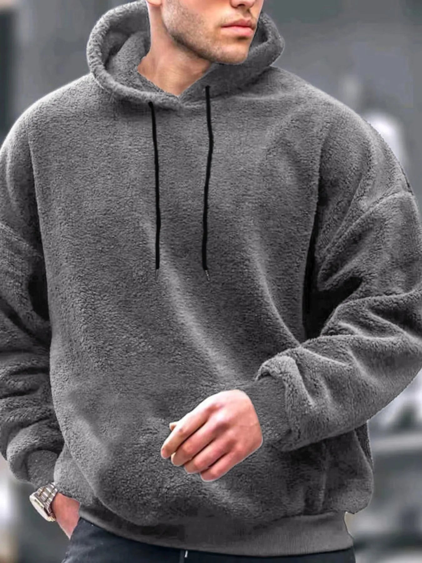 Men's Fleece Hoodie Cotton Drawstring Hood Long Sleeve Oversized Top Gray 15fe030a3703473e863f12cb88217840-Max-Origin Trendsi