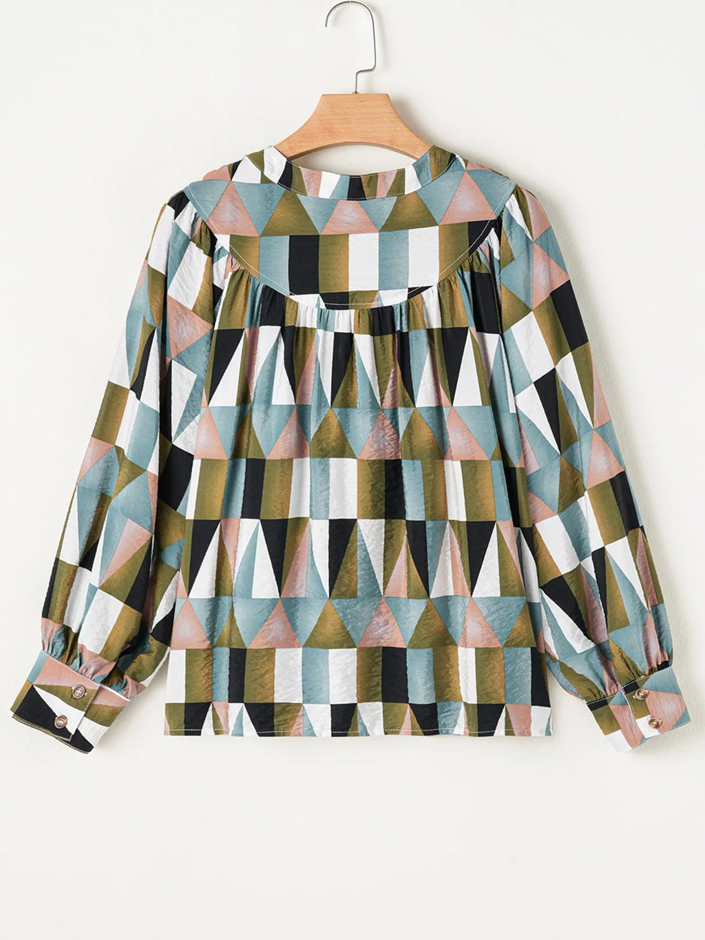Women's Shirt Geometric Colorful Print Buttoned Balloon Sleeve Top 16070bbcce3b4549b086ba303ef520fd-Max-Origin Trendsi