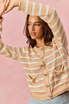SO ME Women Sweater Cardigan Stripe White Beige Long Sleeves Buttoned 160a4f18d2d3467784779f2b939b9890-Max-Origin Trendsi