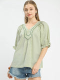 Umgee Blouse Sage Green Stripe V-Neck Short Puff Sleeve Top SAGE 160aed07-7144-47f5-ac2f-dd6aa73490c2-Max-Origin Trendsi