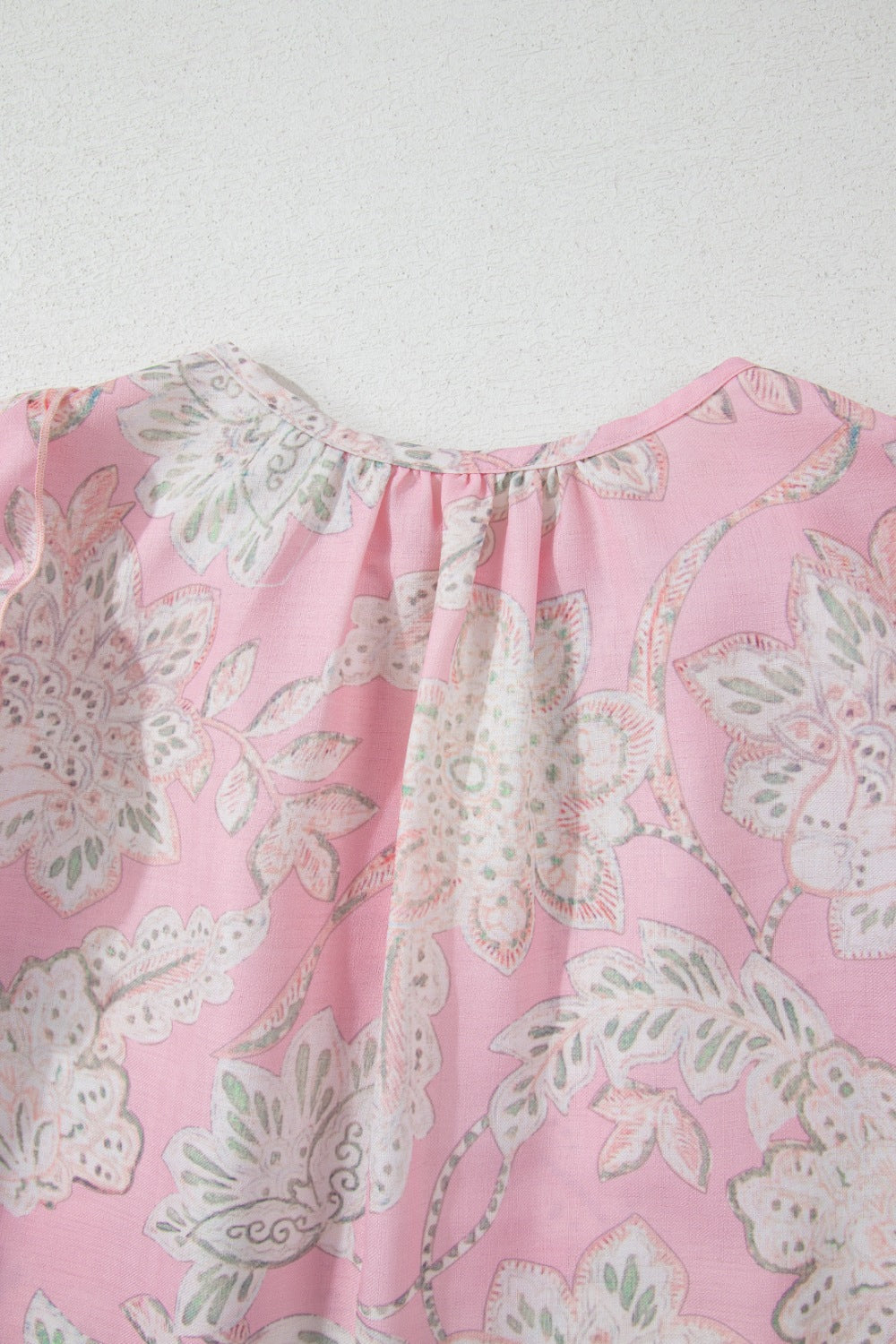Floral Blouse Ruffle Tie Neck Puff Short Sleeve Blush Pink Top 1611a3cf-5ff8-4043-a049-06ba1bd5b709-Max Trendsi