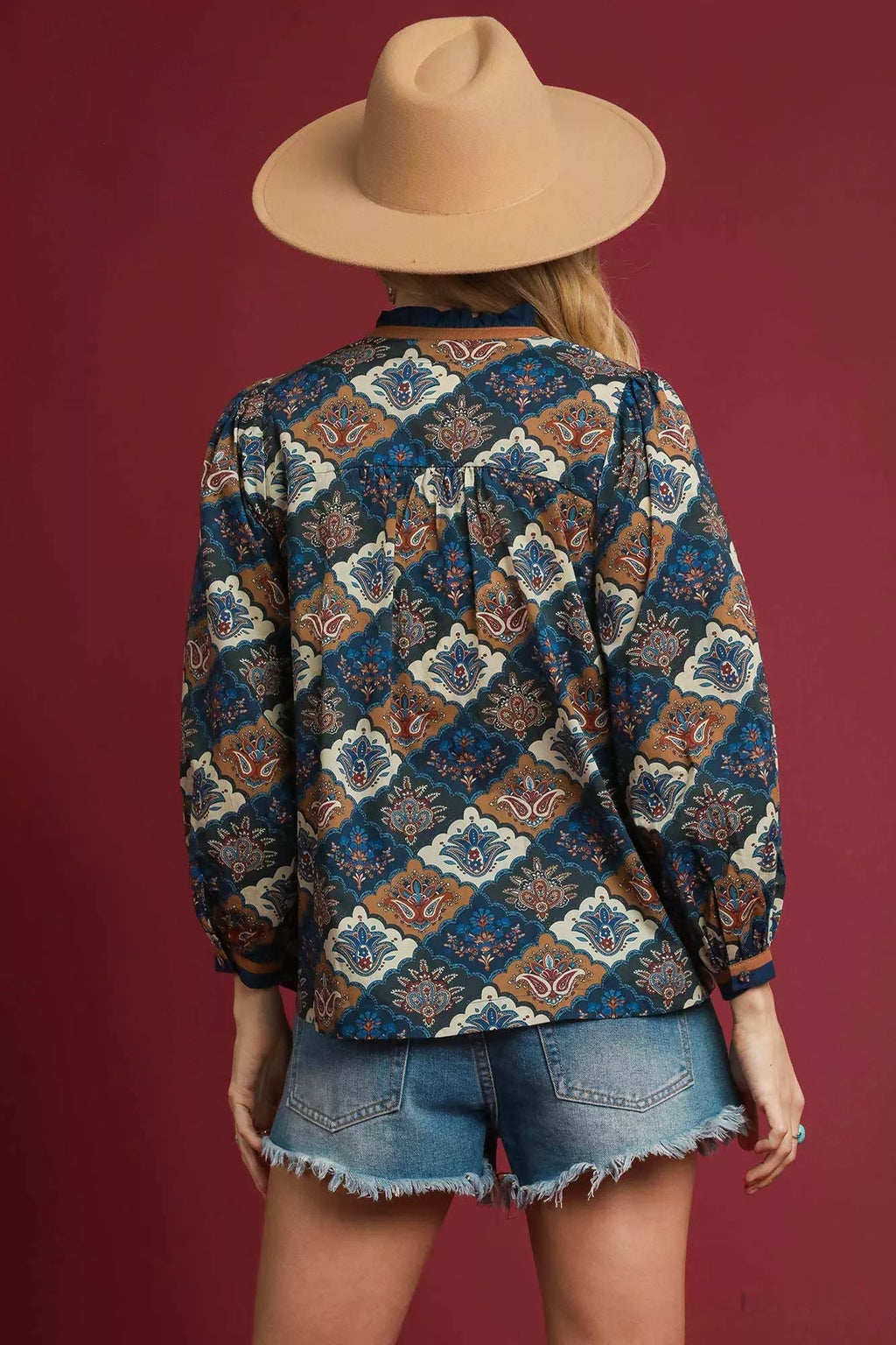 Umgee Women's Blouse Navy Floral Mix Abstract Print Ruffle Neck Top 1613c87a-c421-48ac-88f3-8a03138f8777-Max-Origin Trendsi