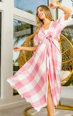 BiBi Checkered Midi Dress Pink Front Tied Puff Short Sleeve with Cut Out Detail 162e7c8f-ff6c-403f-ad5c-527c8a0d3a21-Max-Origin Trendsi