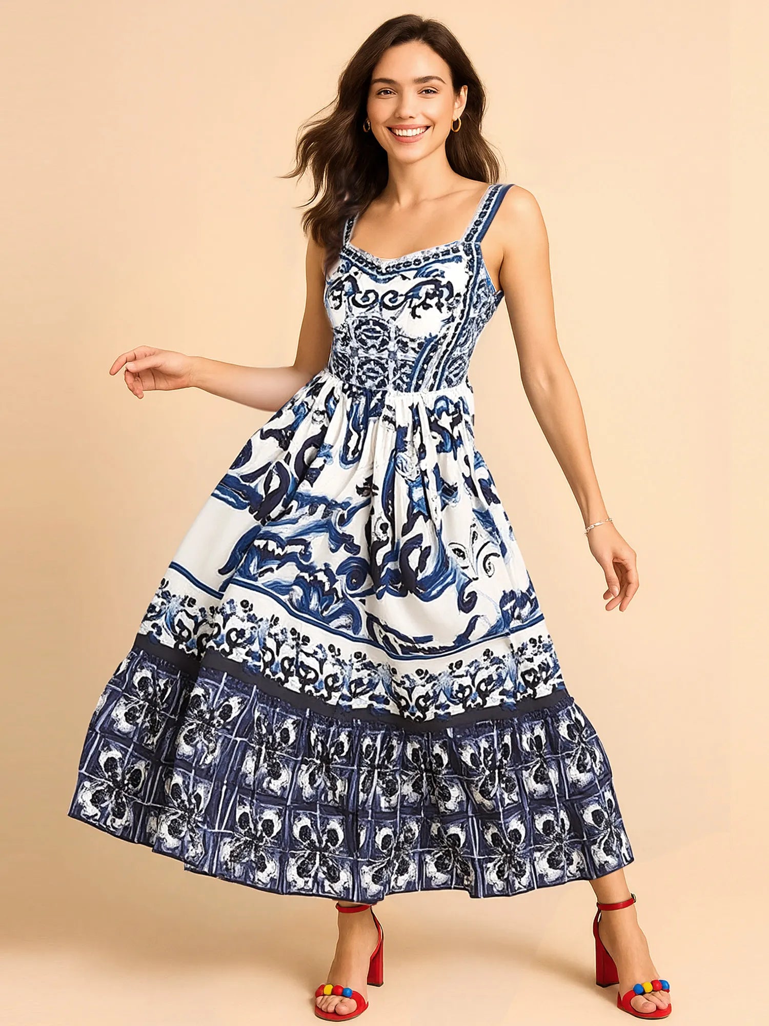 Maxi Cami Dress Printed Sweetheart Neck Ruffled Empire Waist Peacock Blue 1635c2ca-391d-449b-a4cf-e955ced3db8f-Max-Origin Trendsi