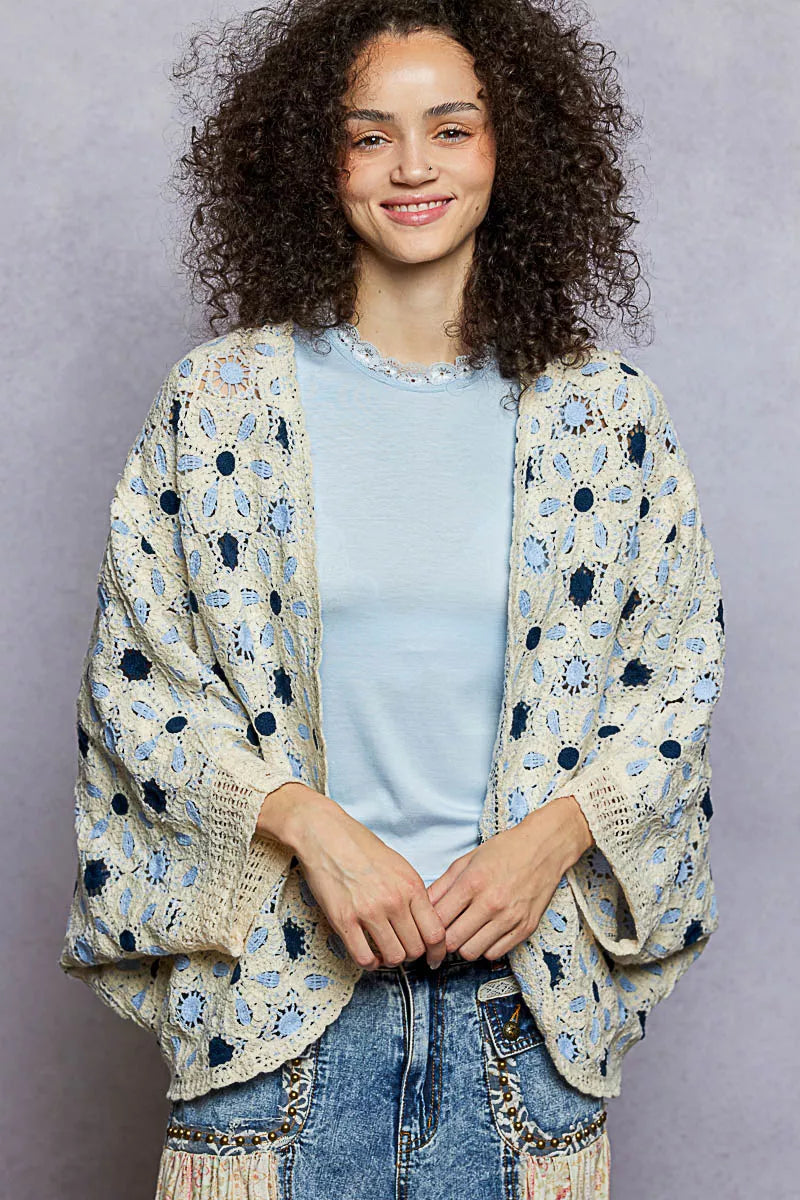 POL Crochet Cardigan Blue Multi Open Front Floral Pattern BLUE MULTI One Size 163e27c7-6bba-4223-b400-386511a20ce6-Max-Origin Trendsi