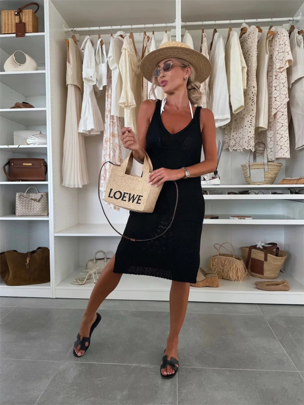 Midi Knit Dress Ribbed Hem V-Neck Sleeveless Lightweight Pocketed Black 164689c2642f4e828c0258bf586b08bb-Max-Origin Trendsi