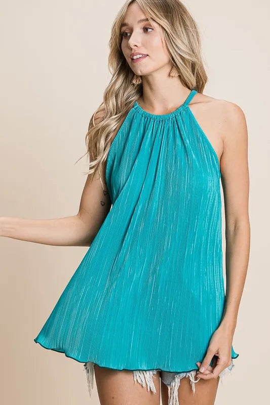 BiBi Halter Top Teal Pleating Knit Ruched Tied Blouse 164c5d30fc494eba892b2b19fab1dfdd-Max-Origin Trendsi
