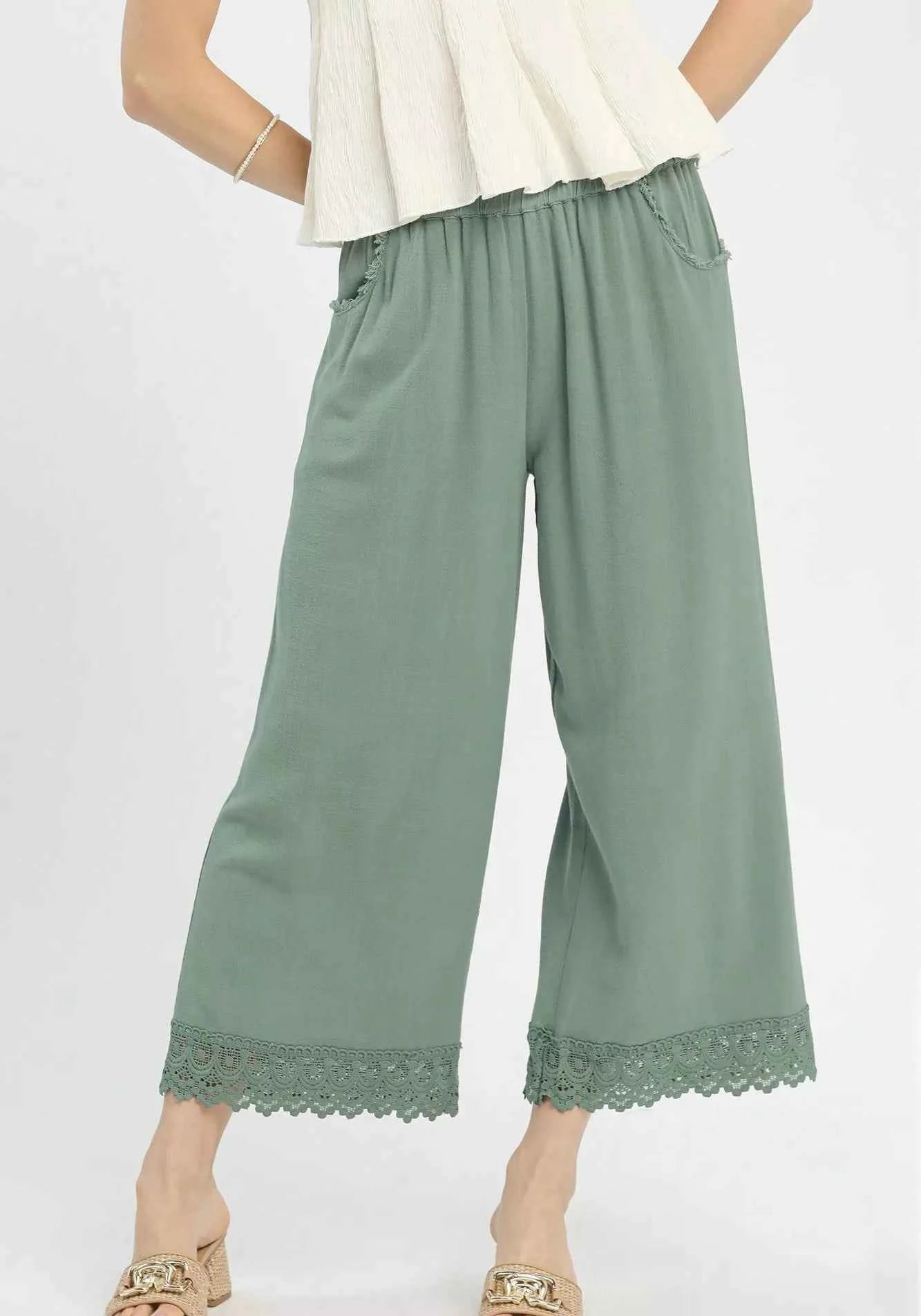 Umgee Linen Wide Leg Cropped Pants with Lace Trim MINT 16537869-6c77-4e67-bb4b-0938663b36ad-Max-Origin Trendsi