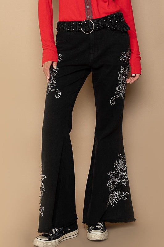 POL Cotton Women Flare Pants Raw Hem Floral Embroidered Trousers Pocketed