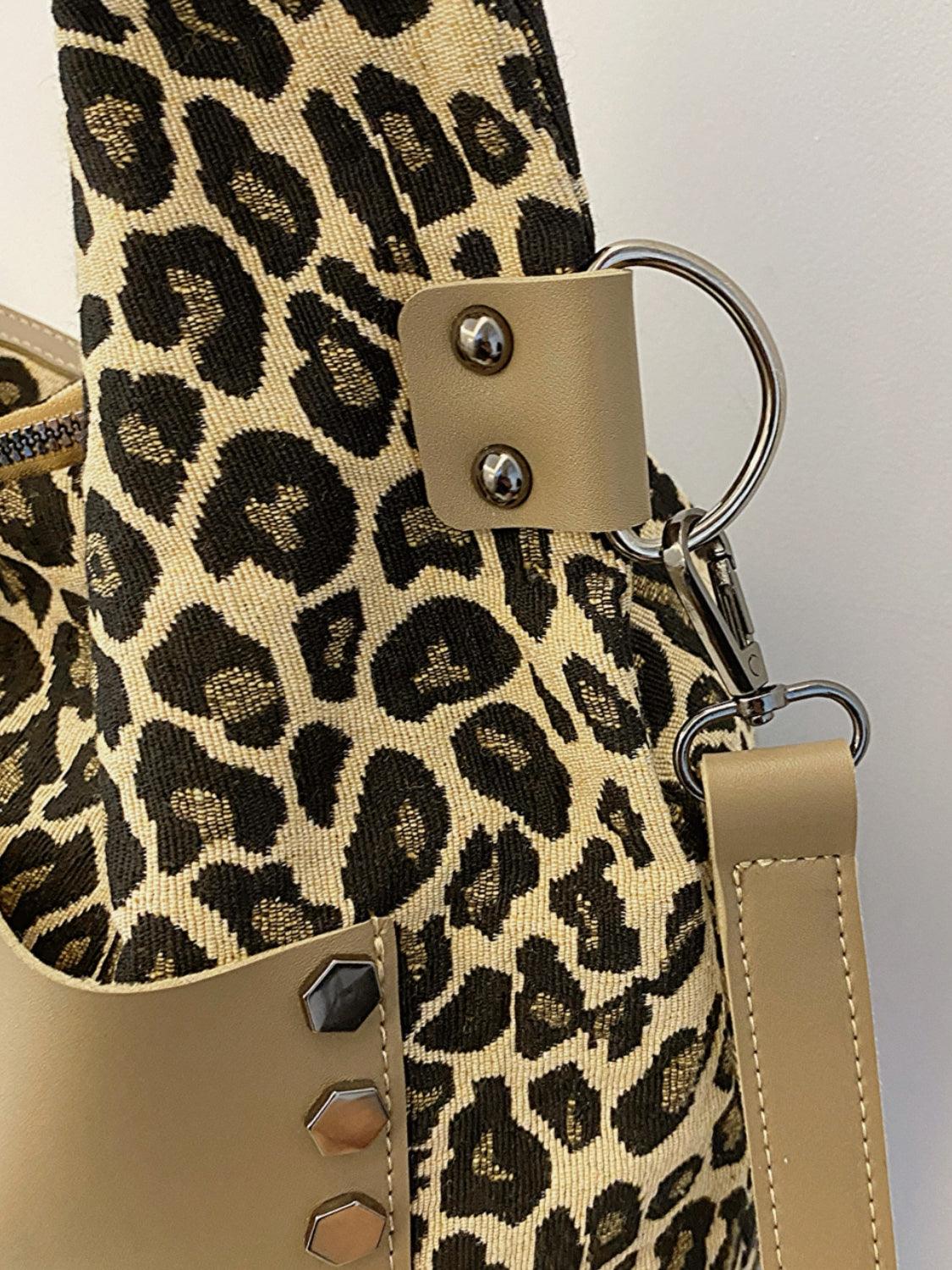 Leopard Polyester Large Shoulder Bag with Stud Beaded Leather Pockets