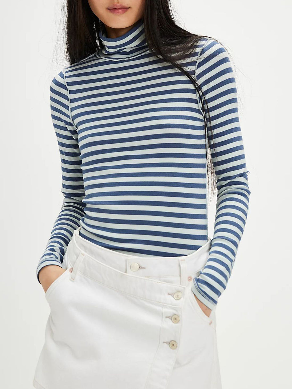 Striped Turtleneck T-Shirt Cotton Blend Women Exposed Seam Long Sleeve Blue white 165e1353-4ec9-4d83-8f6d-405cbd13bfa7-Max Trendsi