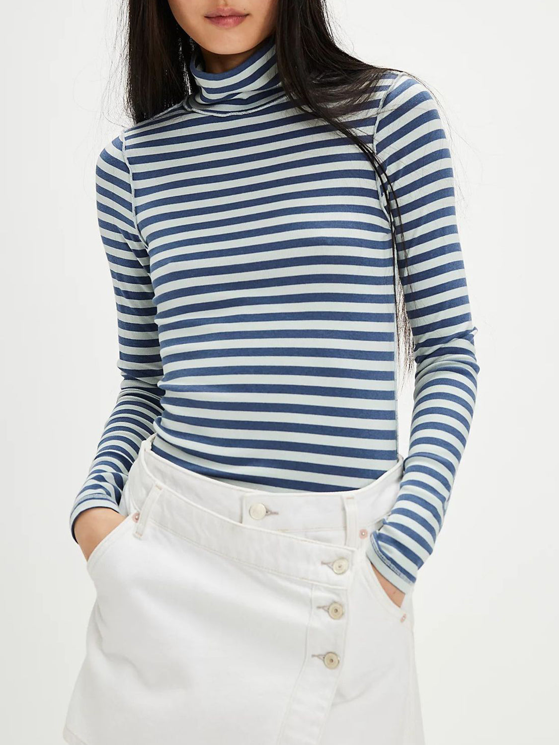 Striped Turtleneck T-Shirt Cotton Blend Women Exposed Seam Long Sleeve Blue white 165e1353-4ec9-4d83-8f6d-405cbd13bfa7-Max Trendsi
