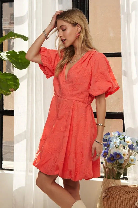 ADORA Floral Mini Dress Cotton Coral Puff Short Sleeve V neck 16629c247d854098a953f4ede7bb73b2-Max-Origin Trendsi