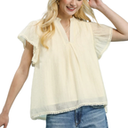 Umgee USA Casual Top Flutter Sleeve Relaxed Fit Cream with Pom-Pom Trim Detail