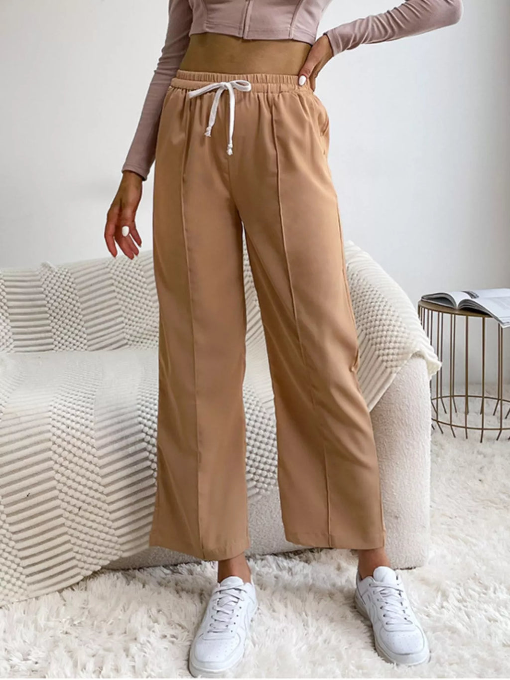 Women's Casual Pants Wide Leg Camel Drawstring Waist Trousers 166a5443-3f40-4b71-b2f2-9e0003b8af6f-Max-Origin Trendsi