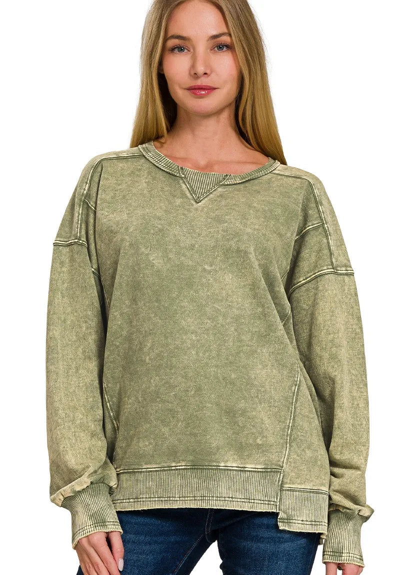 Zenana Women Sweatshirt Light Olive French Terry Acid Wash Pullover Top LT OLIVE 166ee5b19c0f4e9ab676664c6586dbf4-Max-Origin Trendsi