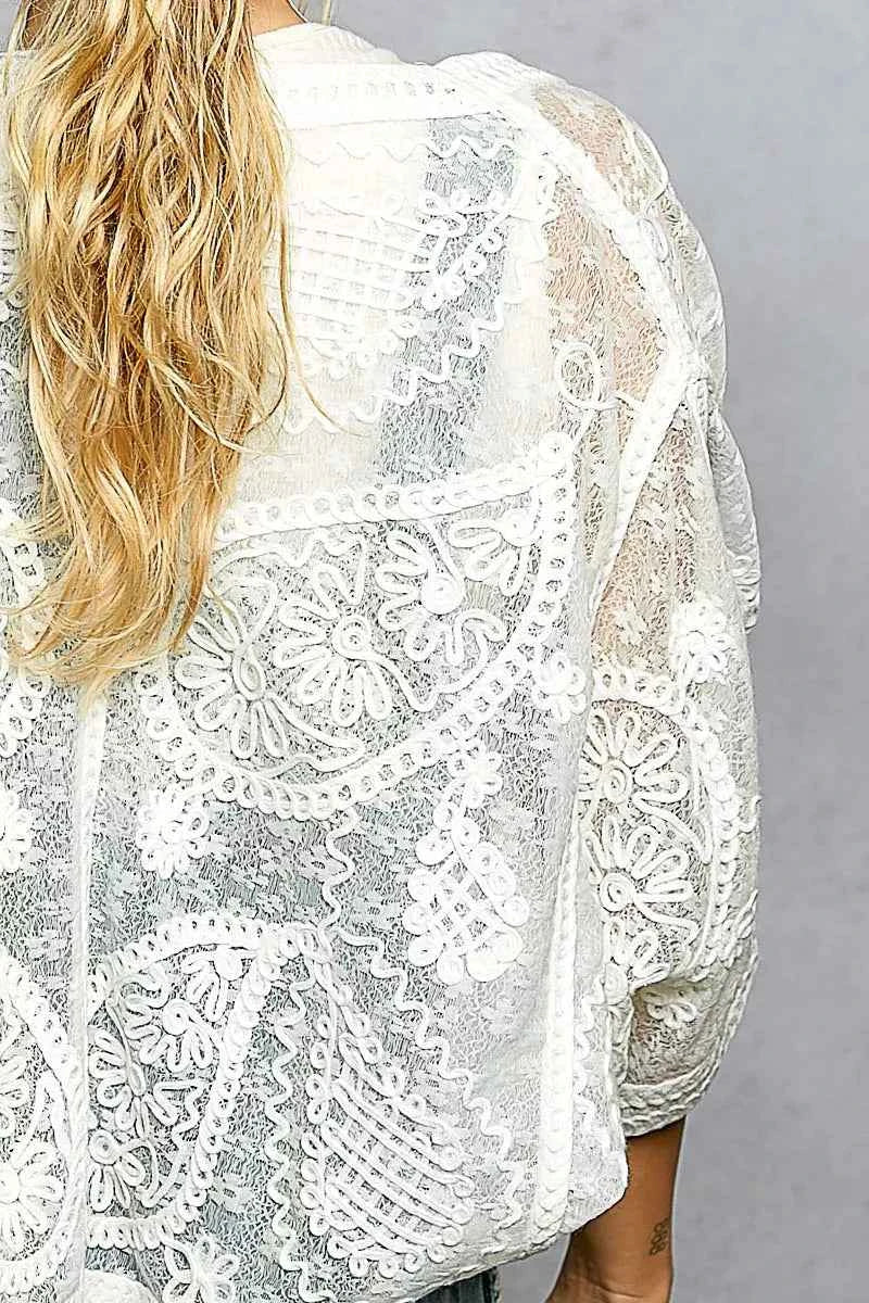 POL Open Front Crochet Cardigan with Floral Embroidery