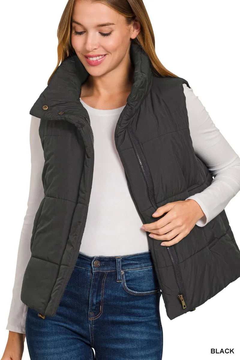 Zenana Womens Vest Coat Black Quilted High Neck Zip-Up Outwear 16799113db3447fc88f45c1abf211dee-Max-Origin Trendsi